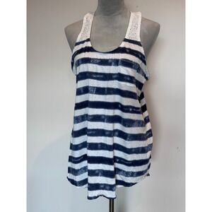 Route 66 Womens Blue White Striped Lace Racerback y2k Tank Top Large Pocket